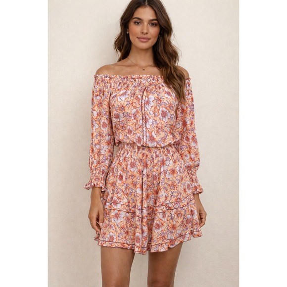 Poupette St Barth Anais Off The Shoulder Orange Floral Mini Dress Smocked Size M - Picture 1 of 8